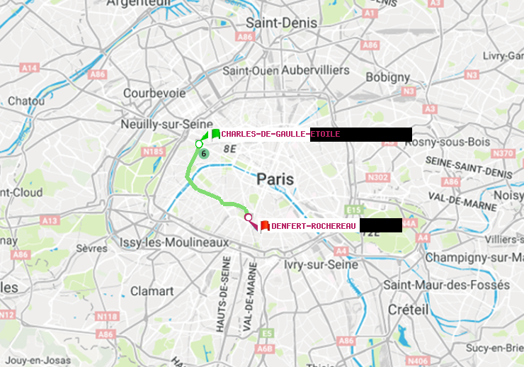 plan itinéraire ratp de Charles de Gaulle-Etoile à Denfert-Rochereau