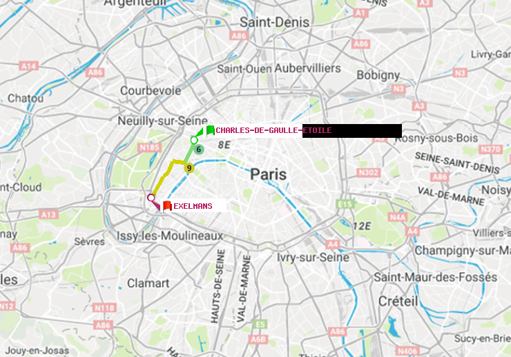 plan itinéraire ratp de Charles de Gaulle-Etoile à Exelmans