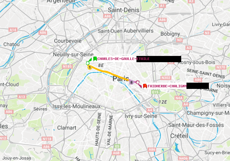plan itinéraire ratp de Charles de Gaulle-Etoile à Faidherbe-Chaligny