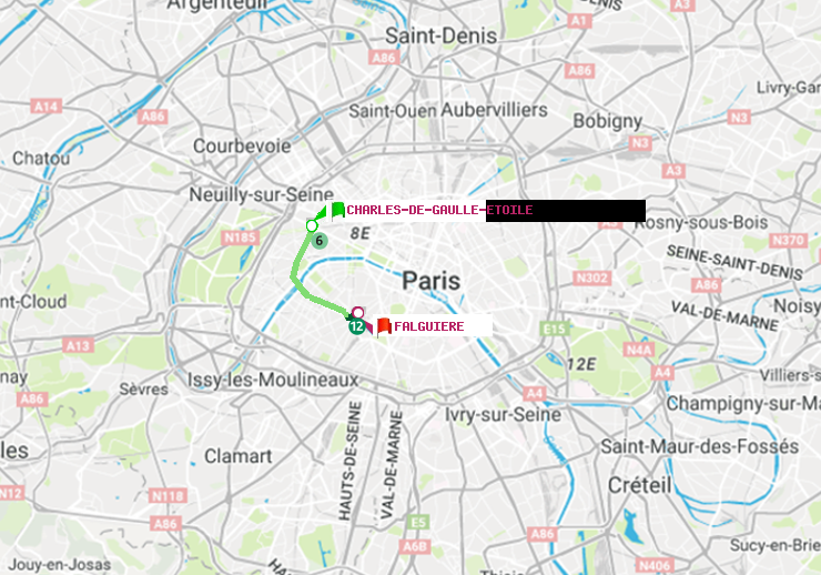 plan itinéraire ratp de Charles de Gaulle-Etoile à Falguière