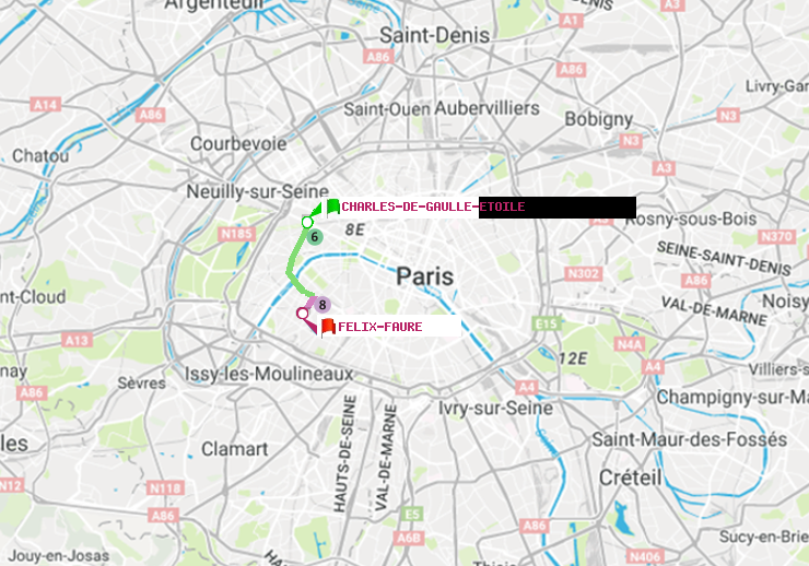 plan itinéraire ratp de Charles de Gaulle-Etoile à Félix Faure