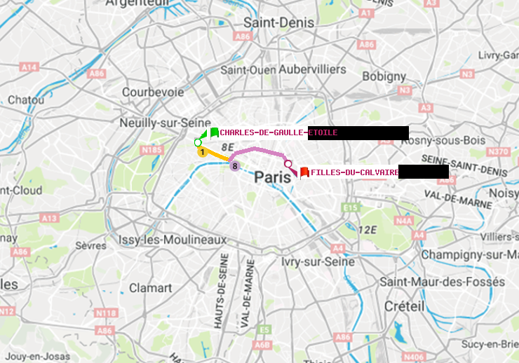plan itinéraire ratp de Charles de Gaulle-Etoile à Filles du Calvaire