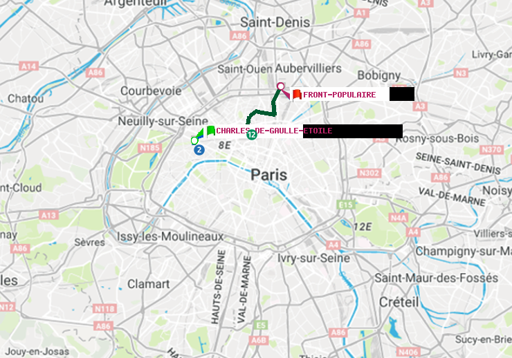 plan itinéraire ratp de Charles de Gaulle-Etoile à Front Populaire