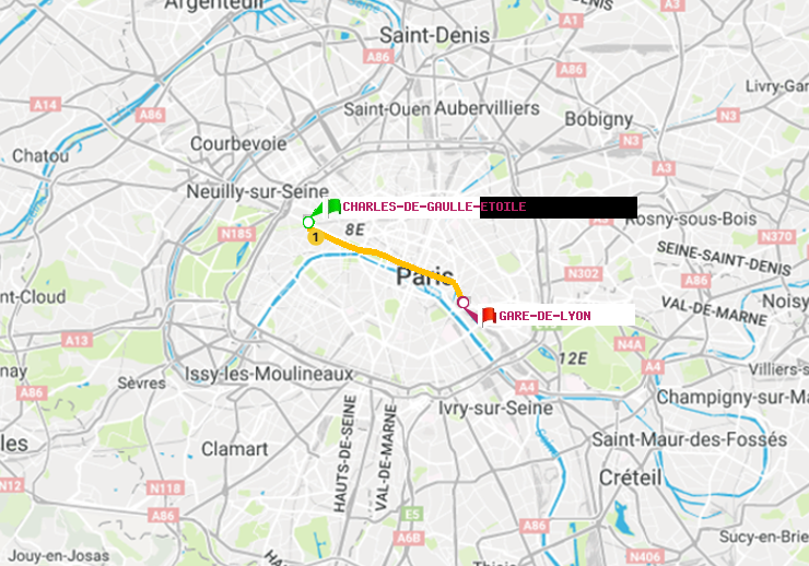 plan itinéraire ratp de Charles de Gaulle-Etoile à Gare de Lyon