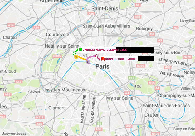 plan itinéraire ratp de Charles de Gaulle-Etoile à Grands Boulevards