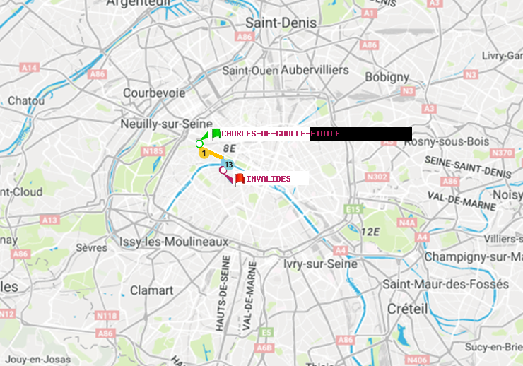 plan itinéraire ratp de Charles de Gaulle-Etoile à Invalides