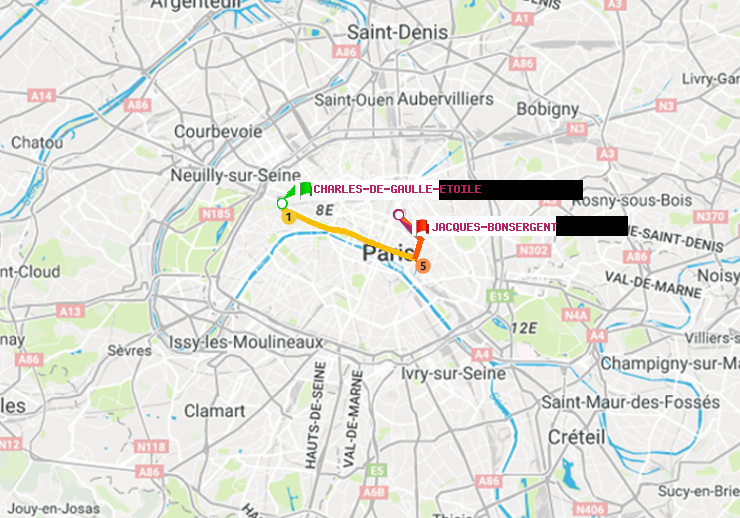 plan itinéraire ratp de Charles de Gaulle-Etoile à Jacques-Bonsergent