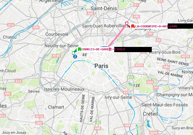 plan itinéraire ratp de Charles de Gaulle-Etoile à La Courneuve-8-Mai-1945