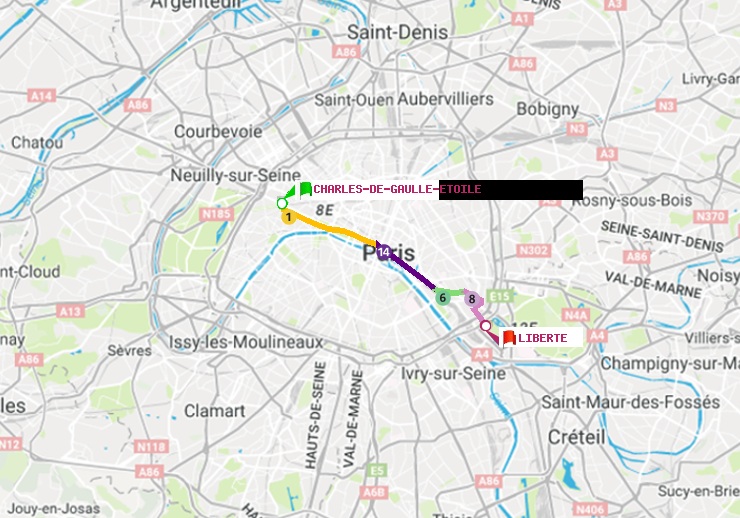 plan itinéraire ratp de Charles de Gaulle-Etoile à Liberté