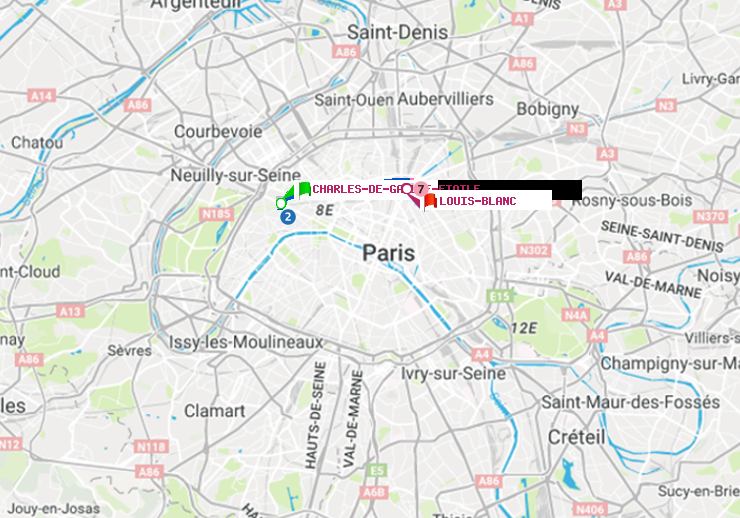 plan itinéraire ratp de Charles de Gaulle-Etoile à Louis Blanc