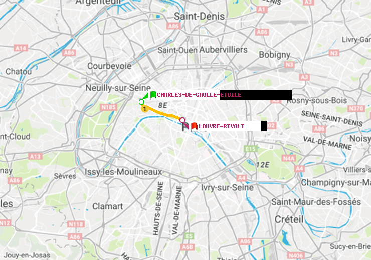 plan itinéraire ratp de Charles de Gaulle-Etoile à Louvre-Rivoli
