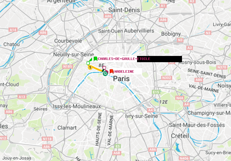 plan itinéraire ratp de Charles de Gaulle-Etoile à Madeleine