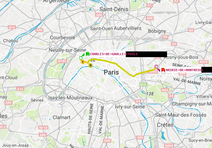 plan itinéraire ratp de Charles de Gaulle-Etoile à Mairie de Montreuil