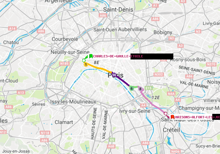 plan itinéraire ratp de Charles de Gaulle-Etoile à Maisons-Alfort-Les Juilliottes