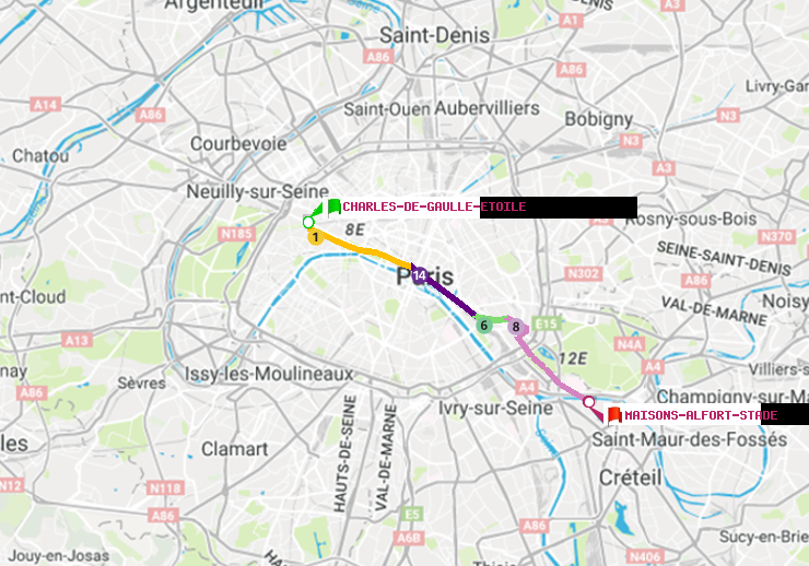 plan itinéraire ratp de Charles de Gaulle-Etoile à Maisons-Alfort-Stade