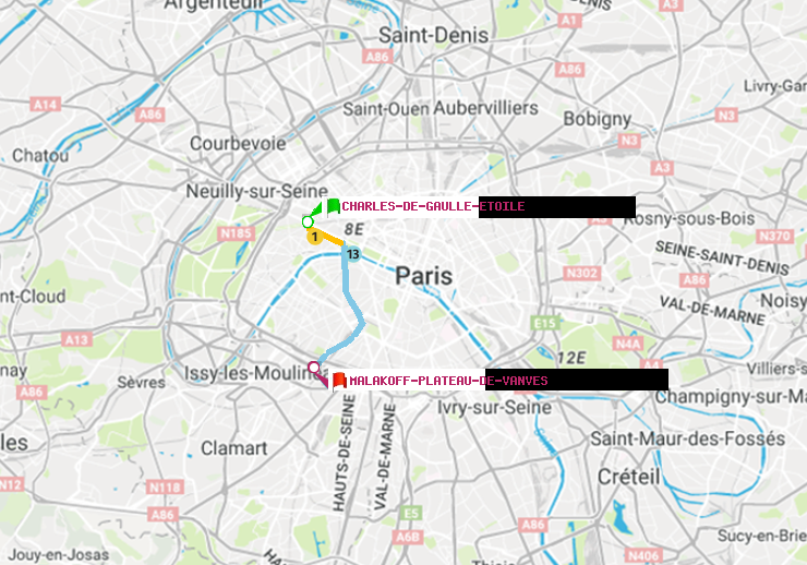 plan itinéraire ratp de Charles de Gaulle-Etoile à Malakoff-Plateau de Vanves