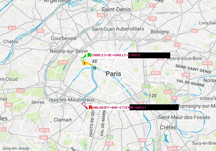 plan itinéraire ratp de Charles de Gaulle-Etoile à Malakoff-Rue Etienne Dolet