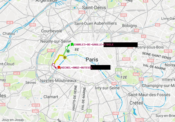 plan itinéraire ratp de Charles de Gaulle-Etoile à Michel-Ange-Auteuil