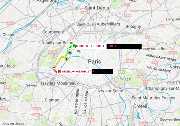 plan itinéraire ratp de Charles de Gaulle-Etoile à Michel-Ange-Molitor
