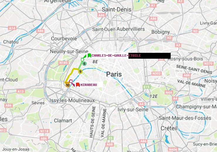 plan itinéraire ratp de Charles de Gaulle-Etoile à Mirabeau
