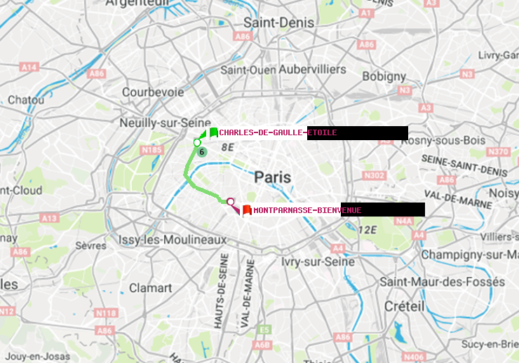 plan itinéraire ratp de Charles de Gaulle-Etoile à Montparnasse-Bienvenue