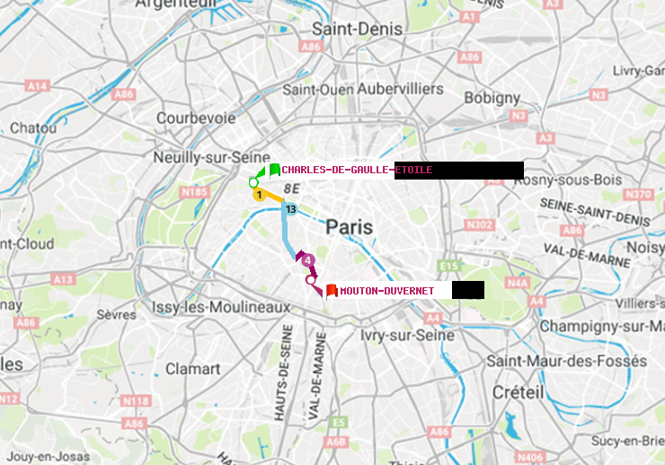 plan itinéraire ratp de Charles de Gaulle-Etoile à Mouton-Duvernet