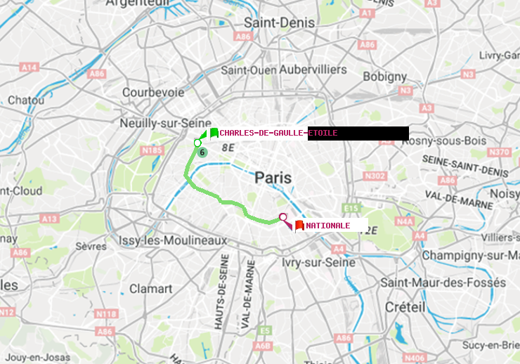 plan itinéraire ratp de Charles de Gaulle-Etoile à Nationale