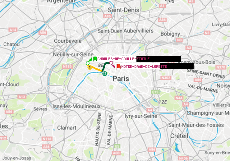 plan itinéraire ratp de Charles de Gaulle-Etoile à Notre-Dame de Lorette