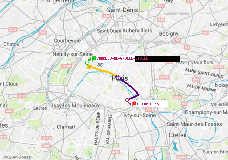 plan itinéraire ratp de Charles de Gaulle-Etoile à Olympiades