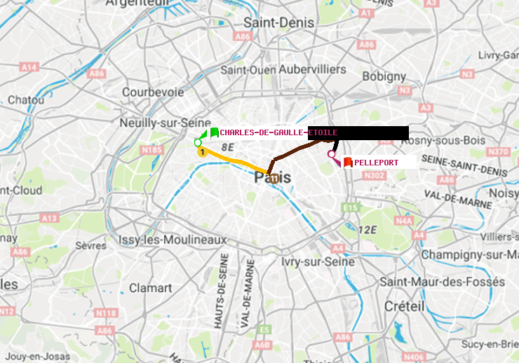 plan itinéraire ratp de Charles de Gaulle-Etoile à Pelleport