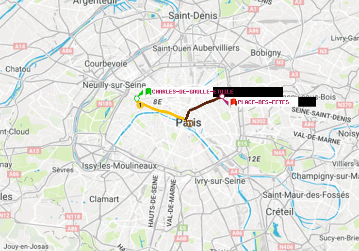 plan itinéraire ratp de Charles de Gaulle-Etoile à Place des Fêtes