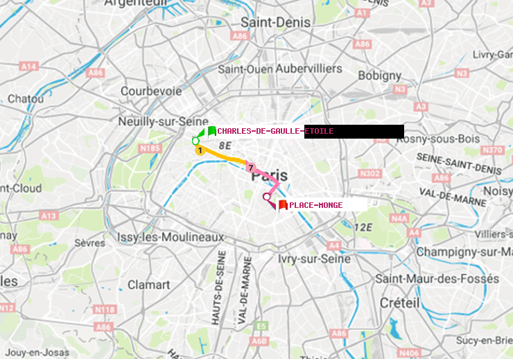 plan itinéraire ratp de Charles de Gaulle-Etoile à Place Monge (Jardin des Plantes)
