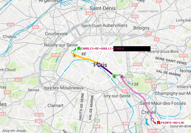 plan itinéraire ratp de Charles de Gaulle-Etoile à Pointe du Lac