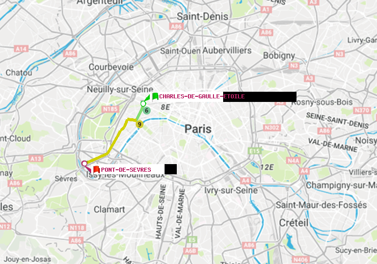 plan itinéraire ratp de Charles de Gaulle-Etoile à Pont de Sèvres