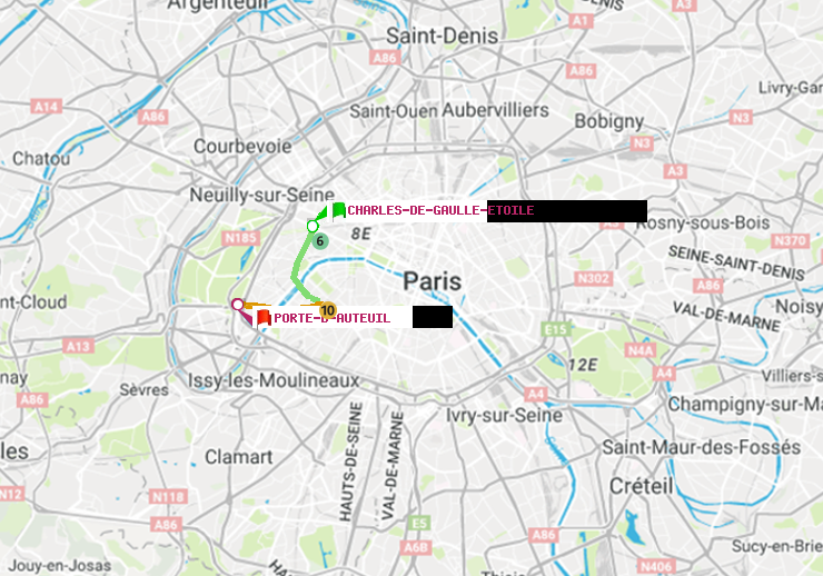 plan itinéraire ratp de Charles de Gaulle-Etoile à Porte d
