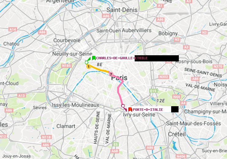 plan itinéraire ratp de Charles de Gaulle-Etoile à Porte d