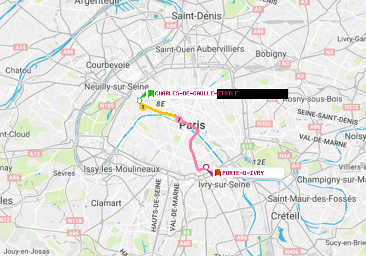 plan itinéraire ratp de Charles de Gaulle-Etoile à Porte d