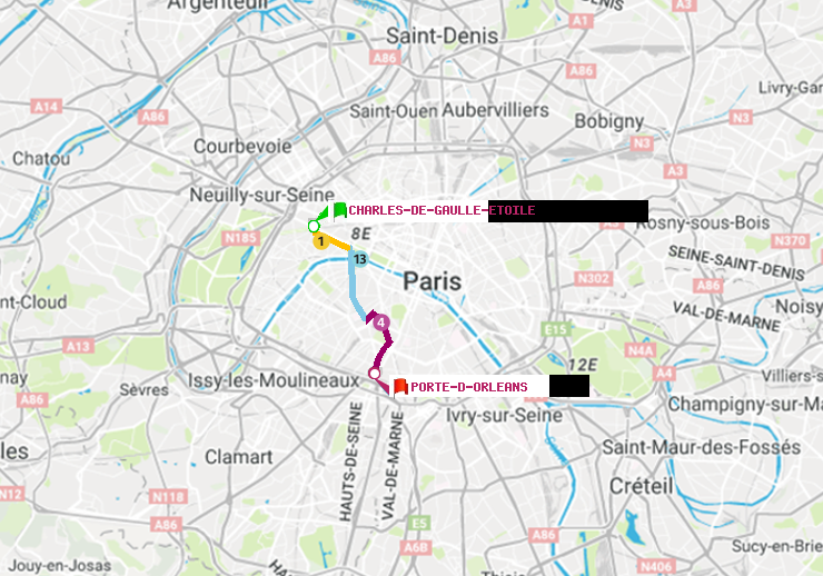 plan itinéraire ratp de Charles de Gaulle-Etoile à Porte d