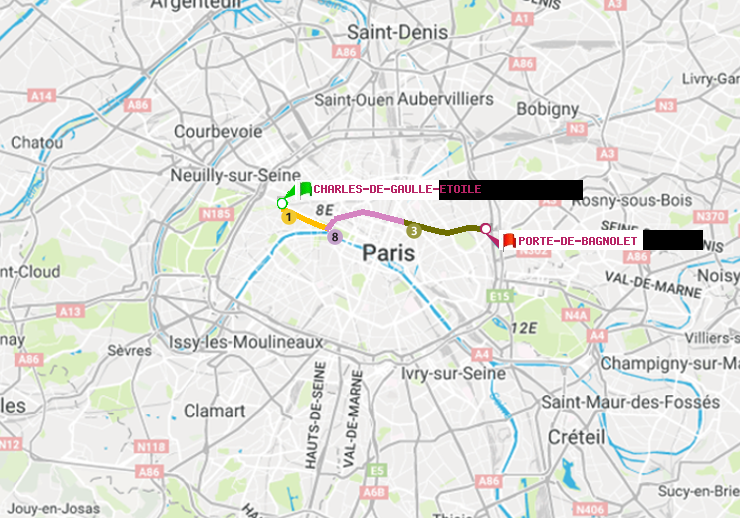 plan itinéraire ratp de Charles de Gaulle-Etoile à Porte de Bagnolet