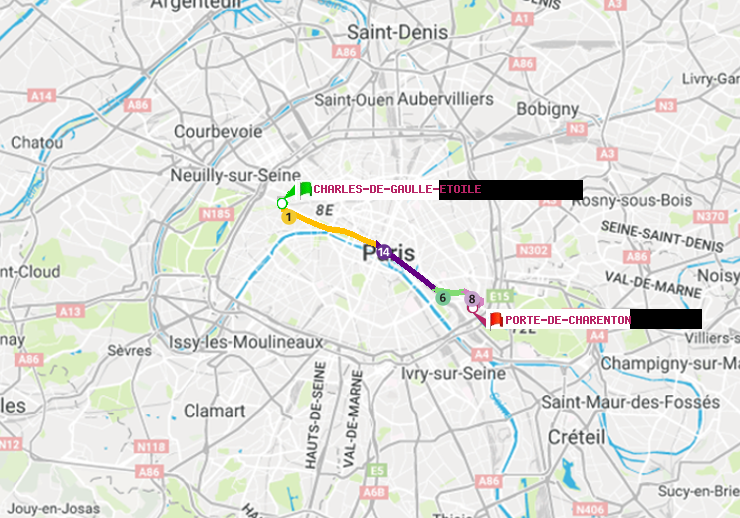 plan itinéraire ratp de Charles de Gaulle-Etoile à Porte de Charenton