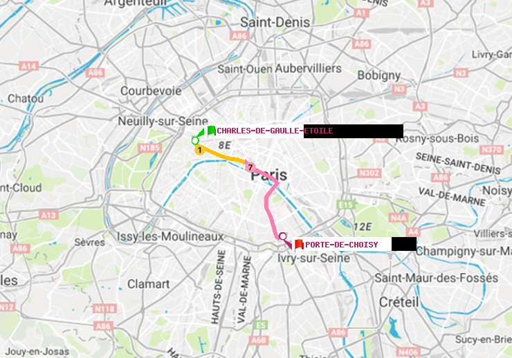 plan itinéraire ratp de Charles de Gaulle-Etoile à Porte de Choisy