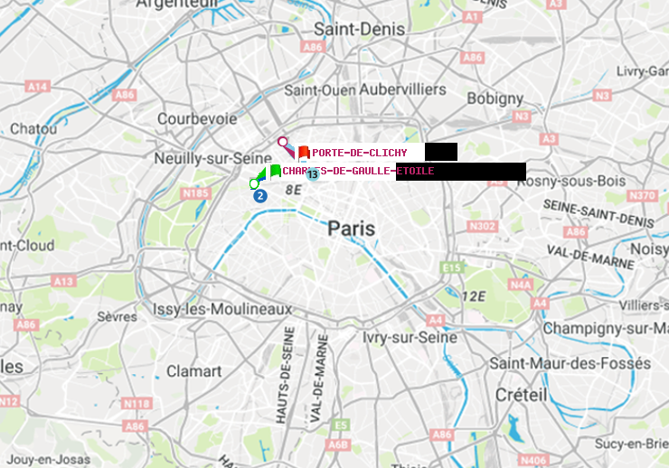 plan itinéraire ratp de Charles de Gaulle-Etoile à Porte de Clichy