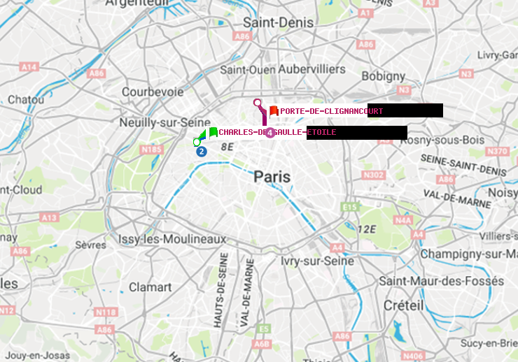 plan itinéraire ratp de Charles de Gaulle-Etoile à Porte de Clignancourt