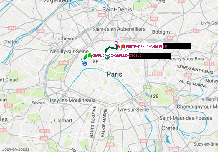plan itinéraire ratp de Charles de Gaulle-Etoile à Porte de la Chapelle