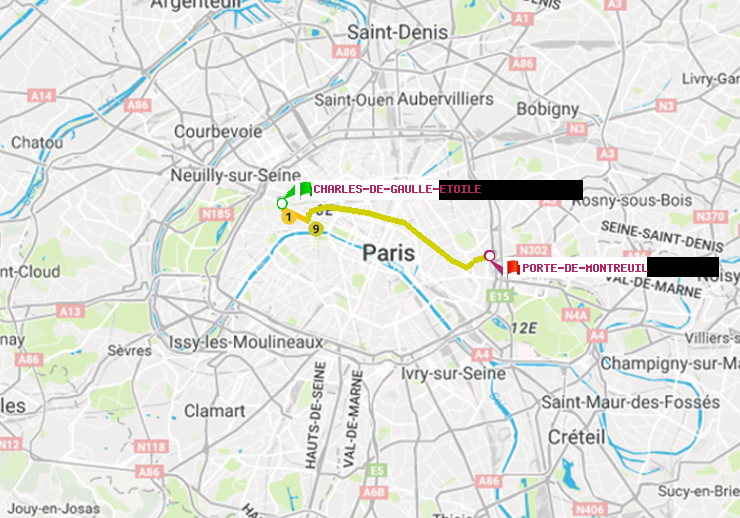 plan itinéraire ratp de Charles de Gaulle-Etoile à Porte de Montreuil