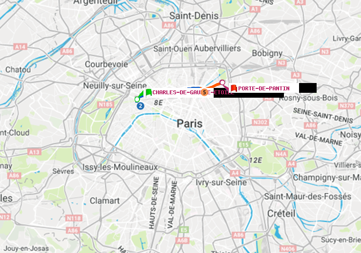 plan itinéraire ratp de Charles de Gaulle-Etoile à Porte de Pantin