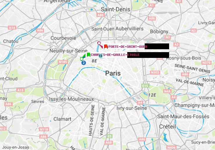 plan itinéraire ratp de Charles de Gaulle-Etoile à Porte de Saint-Ouen
