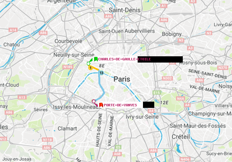 plan itinéraire ratp de Charles de Gaulle-Etoile à Porte de Vanves