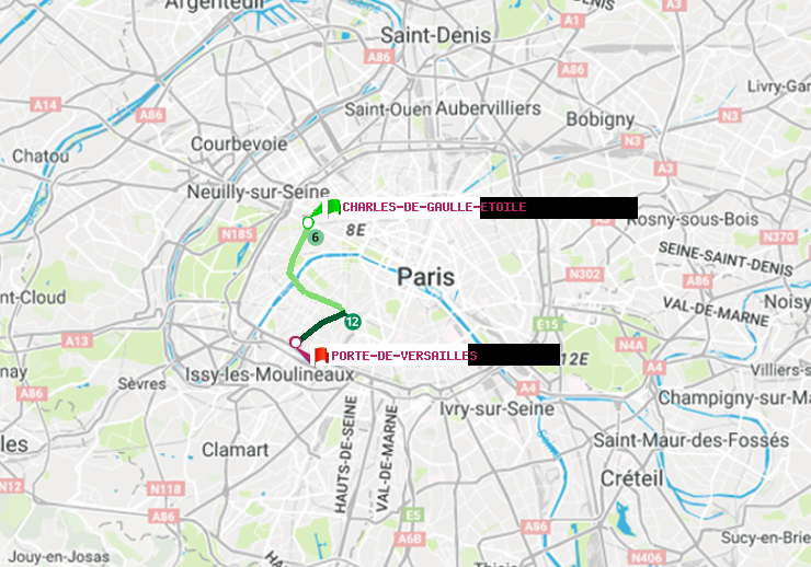plan itinéraire ratp de Charles de Gaulle-Etoile à Porte de Versailles