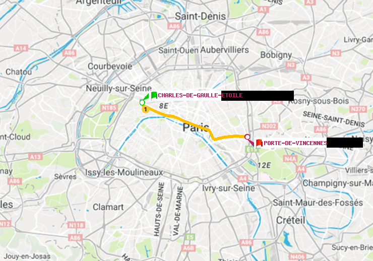 plan itinéraire ratp de Charles de Gaulle-Etoile à Porte de Vincennes